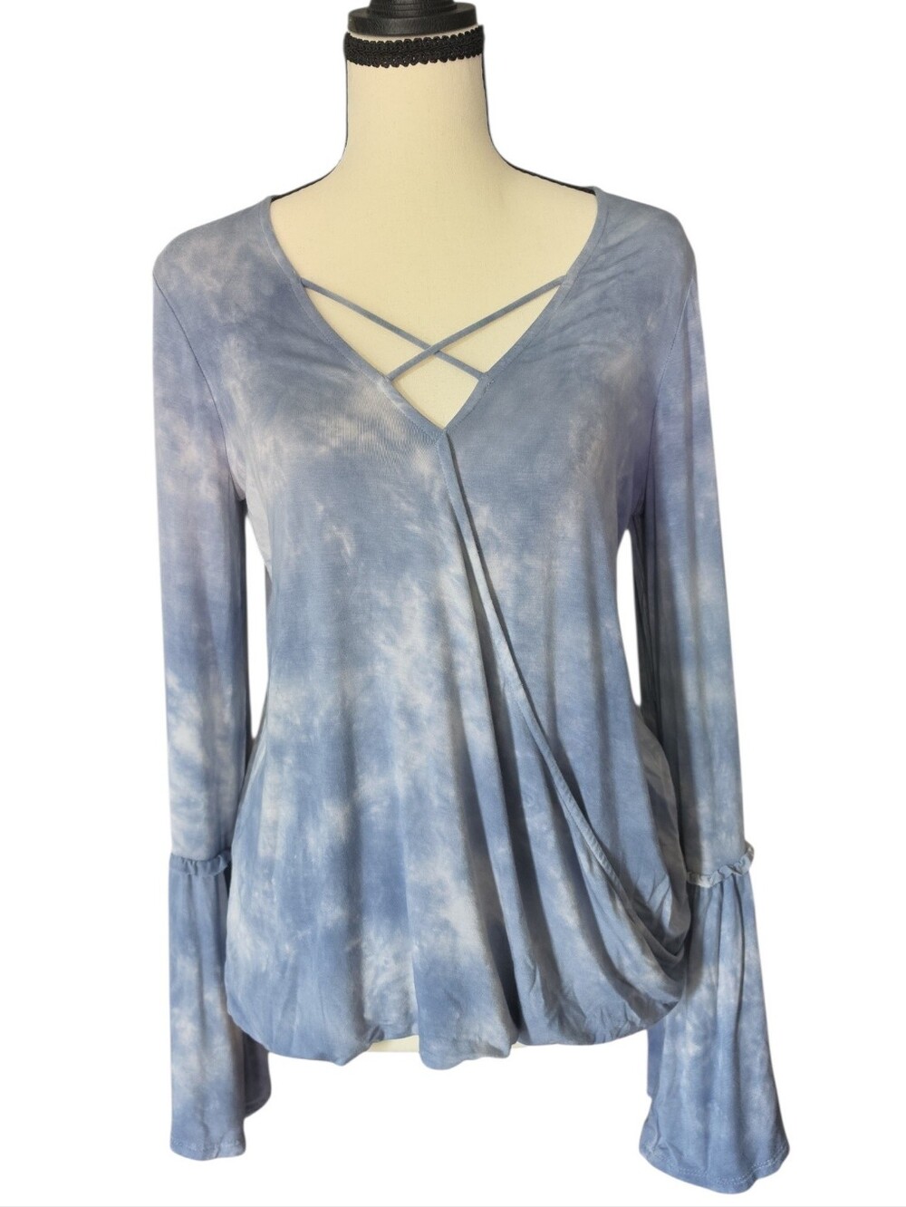 American Eagle Soft Blue Tie-Dye Wrap Bell Sleeve Top-Size Medium